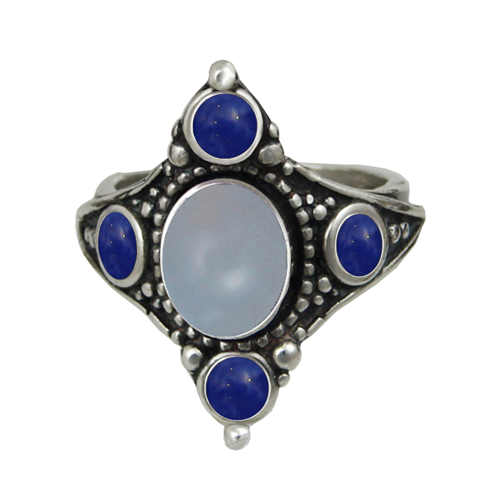 Sterling Silver Renaissance Queen's Ring With Chalcedony And Lapis Lazuli Size 10